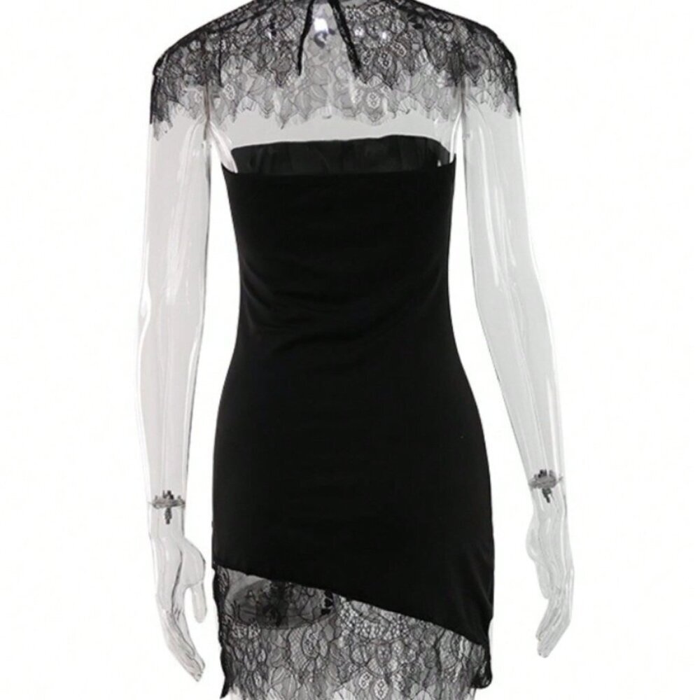 Black Party Women's Sexy Lace Dress with Slim Suspenders and Chest Wrap Skirt - Picture 2 of 10